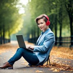 A lady sitting in the park with her laptop. 