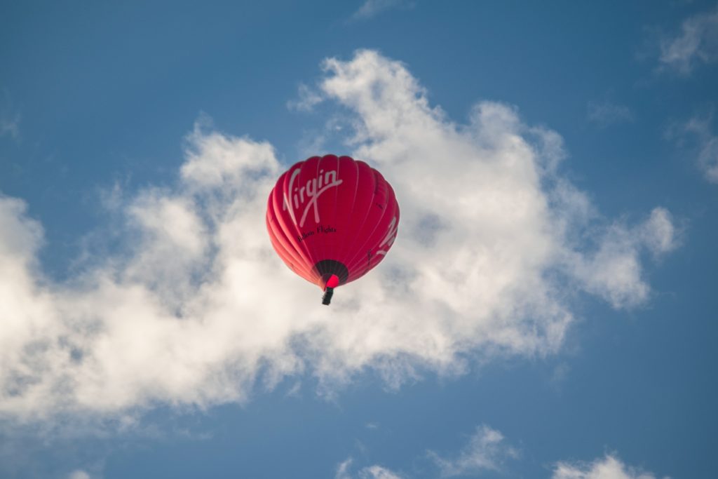 A hot air balloon with the Virgin logo on it
