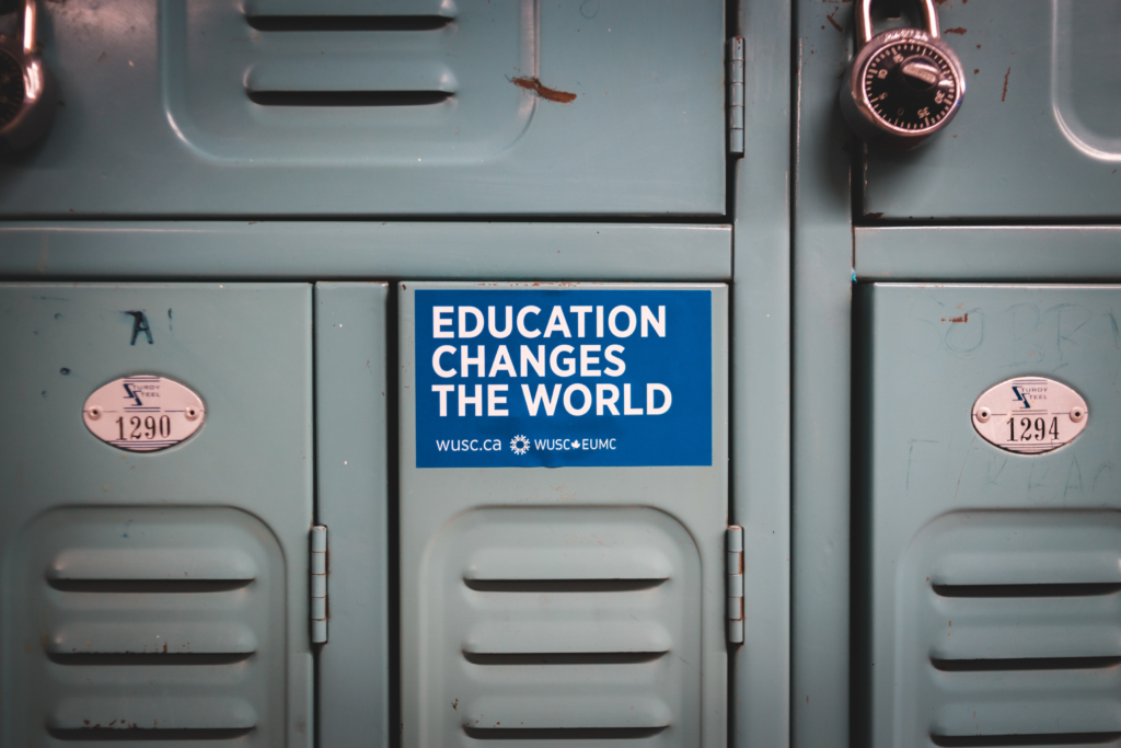 A school locker with the words : Education changes the World" 