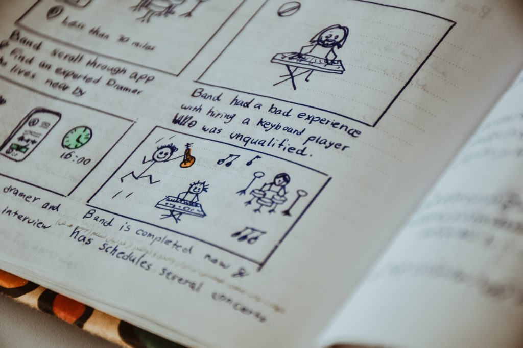 A storyboard in a notebook
