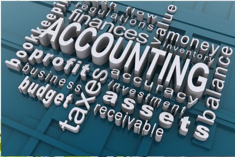 A collage of words: accounting, taxes, profit, accuracy, and other accounting terms.