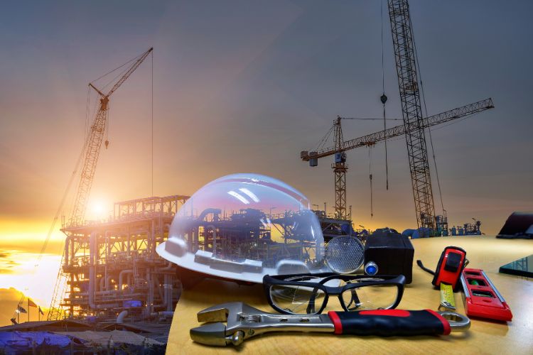 Construction tools, safety helmet, and glasses with a construction site in the background. 