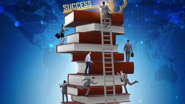 A stack of books with a ladder and various people climbing up the books.