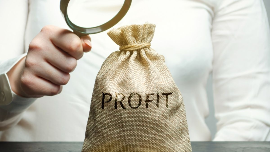A bag with the word "Profit" on it with someone looking at it with a magnifying glass.