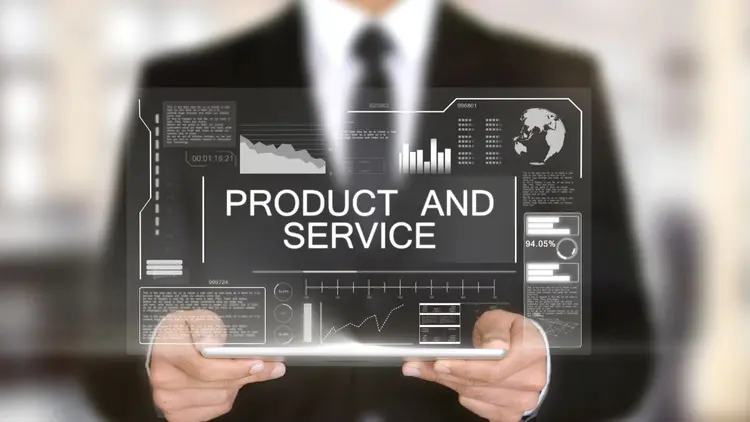 A man in a suit holding a transparent screen with the words: "Product and Service"