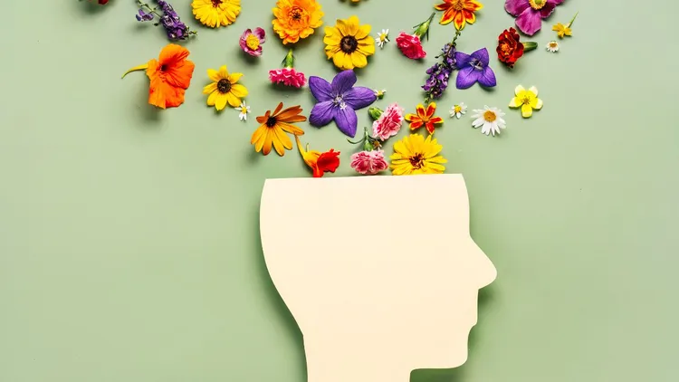 A graphic depicting a head with flowers in it, depicting mental health. 