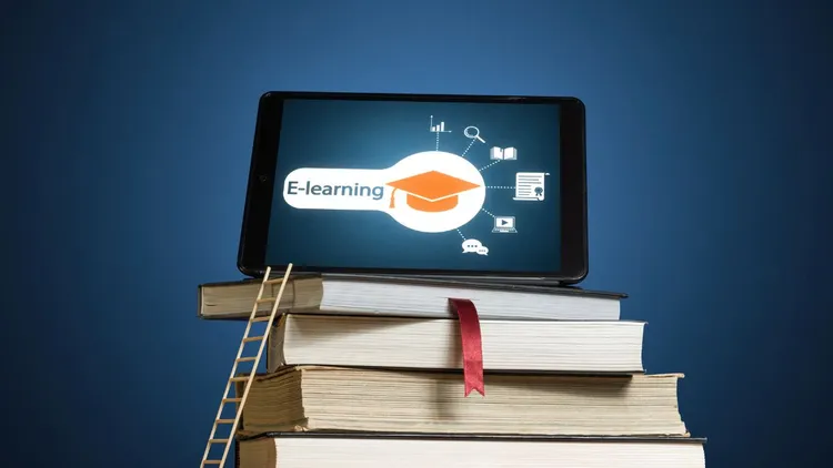 A stack of books with a tiny ladder on the side with a tablet on top showing an image of a lightbulb and the word "e-learning". 