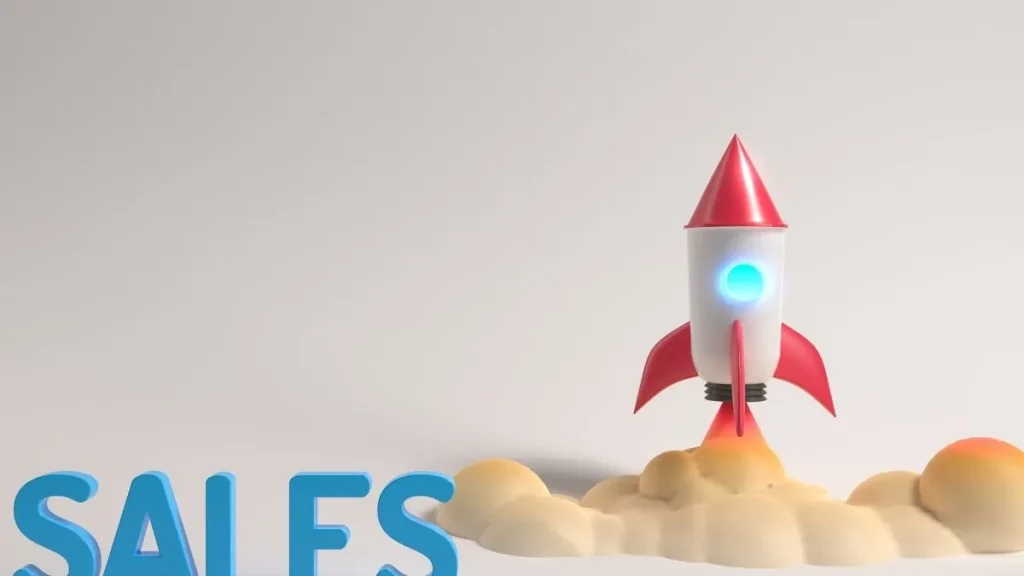 An animated rocket ship with the word "Sale".