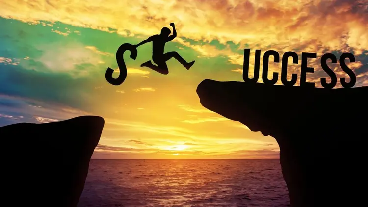 A person jumping from one cliff to the next, depicting "success" 