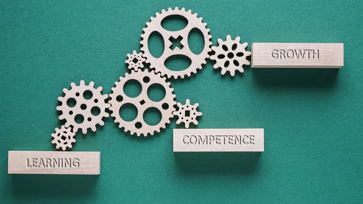 Various interlinked cogs depicting how competence, growth and learning work together.