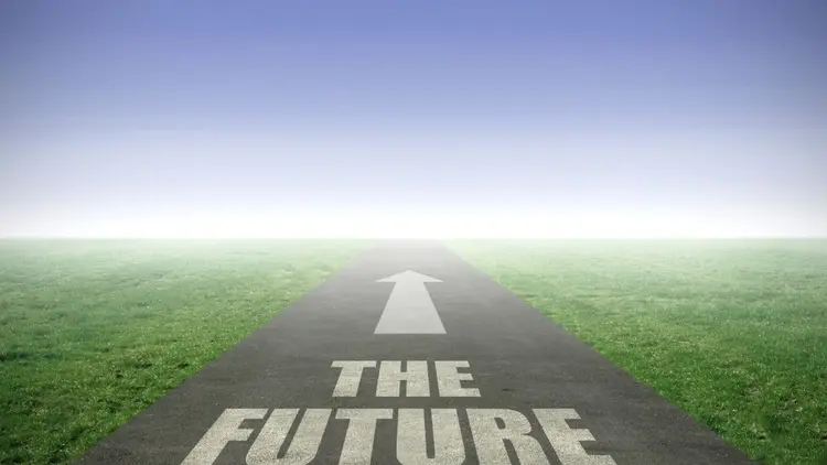 An image of a road with the words "the future" on it. 