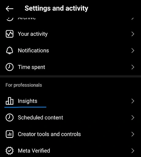 The settings and activity page on an Instagram account.