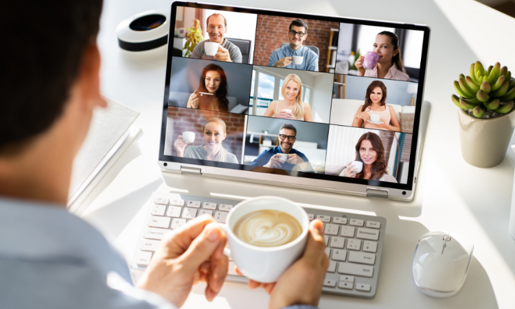 A person engaging in a tea and coffee tasting session with an online group video call. 