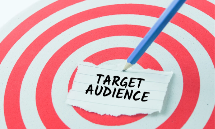 A target with a note with the words "target audience" pinned at the centre with a pencil. 