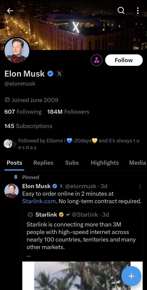 A screenshot of Elon Musk's Twitter (X) page.