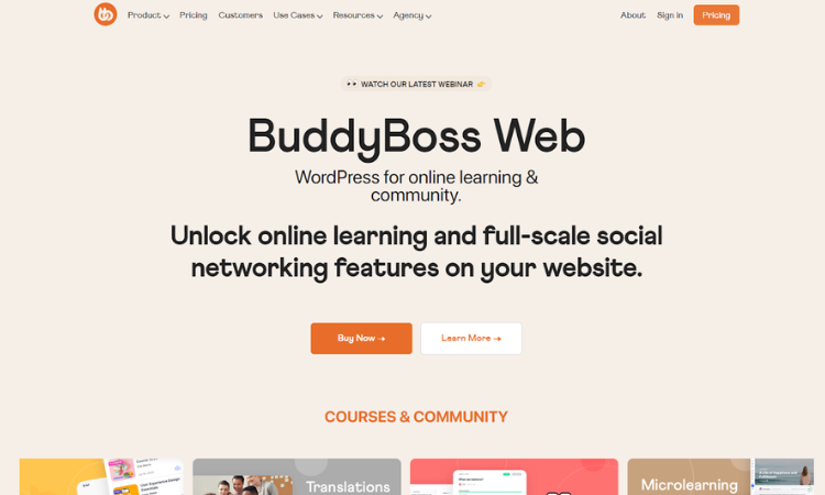 The homepage for the BuddyBoss website.