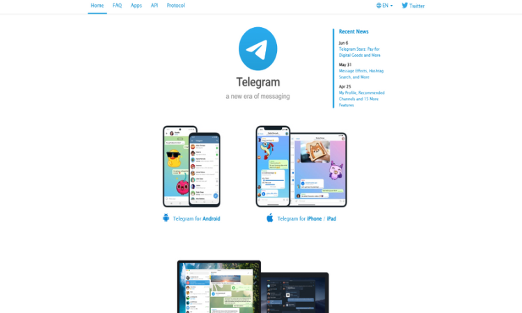 The homepage for Telegram.