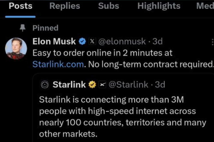 A screenshot of a pinned tweet by Elon Musk on the X platform. 
