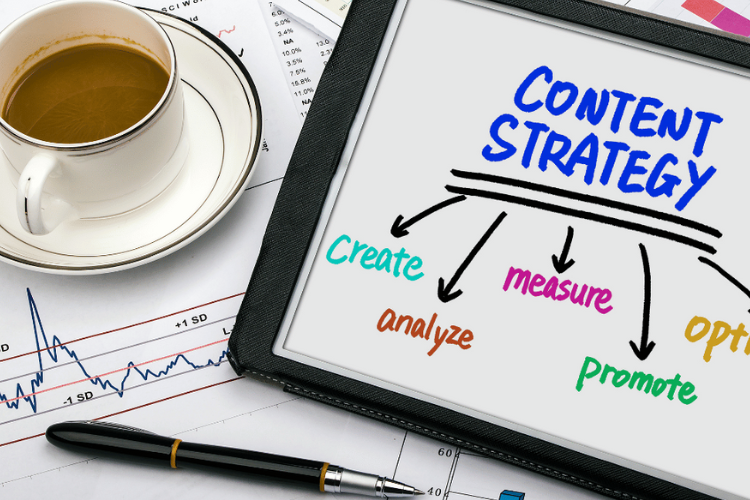 A digital tablet with a mindmap of content strategy, a cup of tea, paperwork, and a pen.