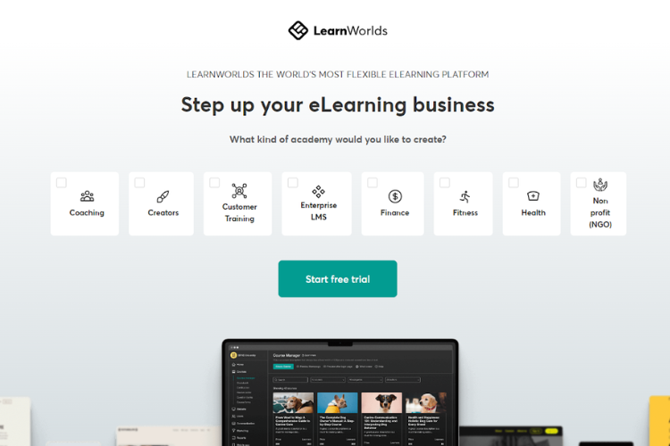The homepage for Learnworlds.