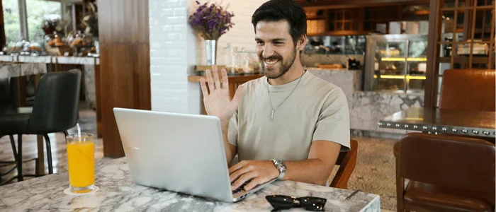 man engaging in community design discussion in a virtual cafe